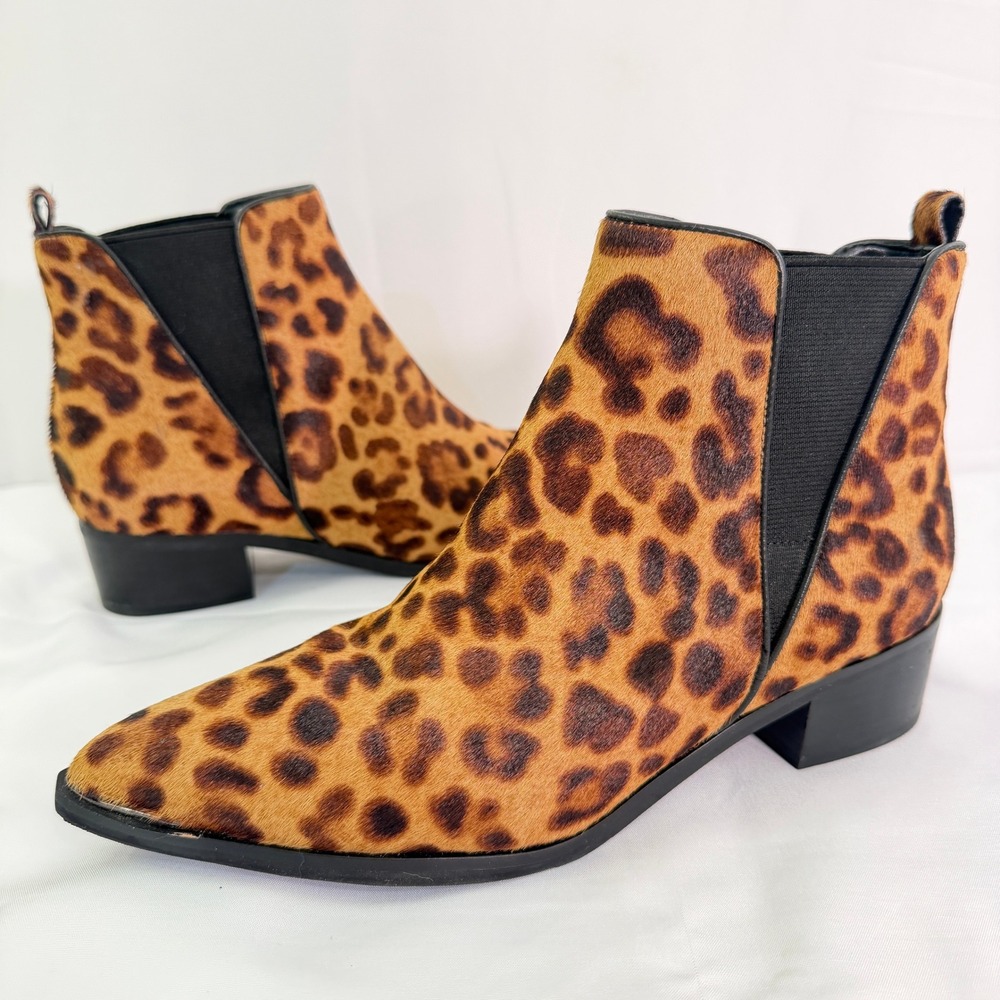 Marc Fisher LTD Yale Leopard Calf Hair Chelsea Boots Pointed Toe Brown 7.5M